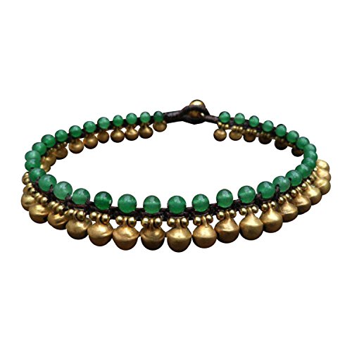 Infinityee888 Trendy Fashion Anklet Green Jade and Brass Bell Ankle Bracelet 10 Inches Woven with Wax Cord Beautiful Handmade Hippie Bohemian Style - size: 10 inches
