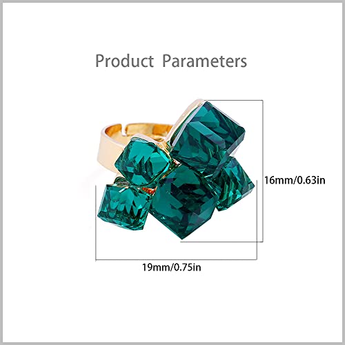 Hebelee Boho Square Crystal Statement Ring for Women Gold-Toned Adjustable Expandable Promise Engagement Geometric Rings Comfort Fit Elegant Art Deco Birthday Christmas Cocktail Party Y2K Jewelry - color: Green