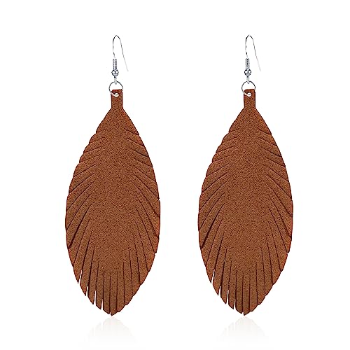 Large Genuine Soft leaf Leather Handmade Fringe Tassel Feather Lightweight Tear Drop Dangle Color Earrings for Women - color: Brown