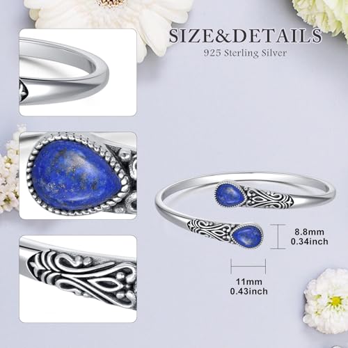 925 Sterling Silver Genuine Gemstone Bracelet for Women Men Handmade Adjustable Boho Navajo Style Bangle Cuff Natural Stone Jewelry Gift - color: Lapis Lazuli