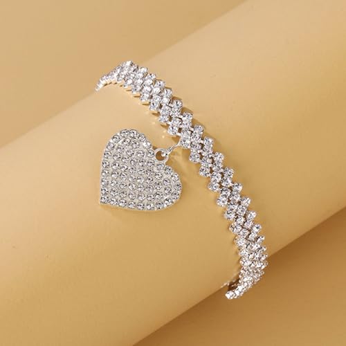 KaFu Heart Rhinestone Ankle Bracelets for Women, Adjustable Silver Shiny Tennis Anklets, Twinkle Cubic Zircon Diamond Anklet Foot Chain Beach Summer Jewelry Gifts - color: silver-1
