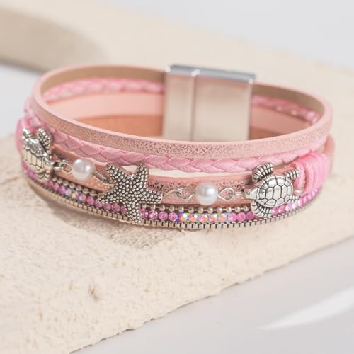 FANCY SHINY Turtle Starfish Leather Wrap Bracelet Boho Rhinestone Pearl Cuff Bracelets for Women Summer Beach Jewelry for Women - color: Pink