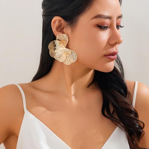 Gold Large Flower Dangle Earrings for Women Vintage Big Ginkgo Leaf Statement Silver Earring Trendy Oversized Floral Punk Jewelry Hip Hop Accessories - color: Gold