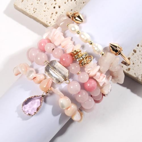 Yomisa 5PCS 6PCS Natural Boho Beaded Bracelets/Bangle for Women Men,Healing Turquoise Jasper Agate Crystal Gemstone Stone Chakra Multilayer Wrap Bohemian Handmade Jewelry Beads Stretch Bracelet Set - color: 6PCS-Pearl
