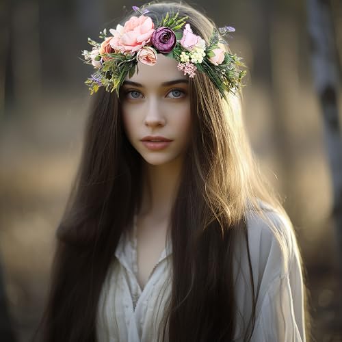 Vivivalue Women Floral Crown Boho Flower Headband Hair Wreath Floral Headpiece Halo with Ribbon Wedding Party Festival Photos - color: 51