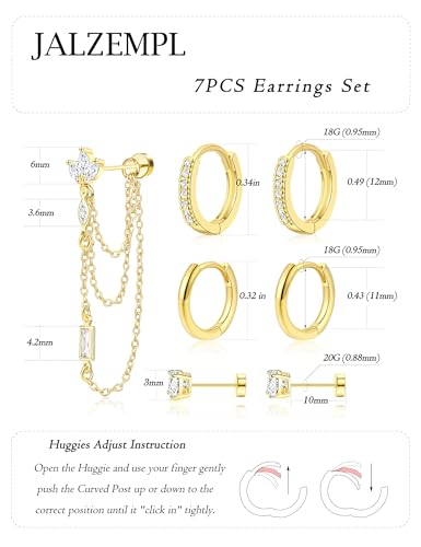 7Pcs Earring Stacks Cartilage Helix Flat Back Hoop Set For Women Stud Small Huggie Chain Multiple Piercing 14K Gold Plated Jewelry Triple Cubic Zirconia - color: 14K Gold Plated, size: Flat Back