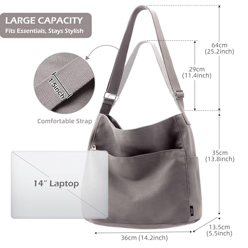 KALIDI Canvas Tote Bag Large Hobo Crossbody Shoulder Handbag Zipper Messenger Bag for Women or Men Casual College Work - color: *Grey