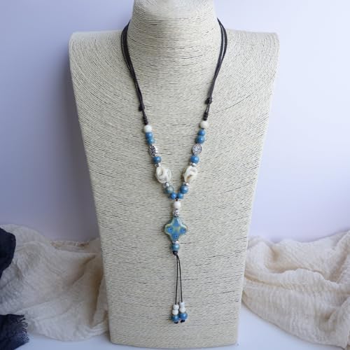 Boho Style Colorful Ceramic Bead Strand Necklace Adjustable Bohemian Jewelry Gift for Women, Fashion Clothing Matching Necklace - color: Speckled Teal