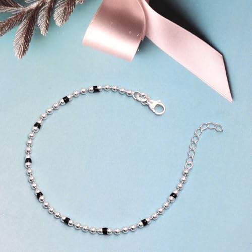 LeCalla 925 Sterling Silver Bracelets for Women | Women’s Link Bracelets | Italian Bead Ball Chain Bracelet | Mother's Day Birthday Anniversary Fashion Jewelry Gift for Women - color: Bead Black Ball