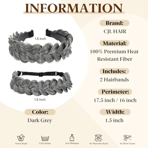 CJL HAIR 2PCs Braided Headbands Hair Piece for Women Synthetic Hair Hoops Head Bands Handmade Braid Hairband Accessories Elastic Stretch Headwrap Dark Grey - color: 2PCS-Dark Grey