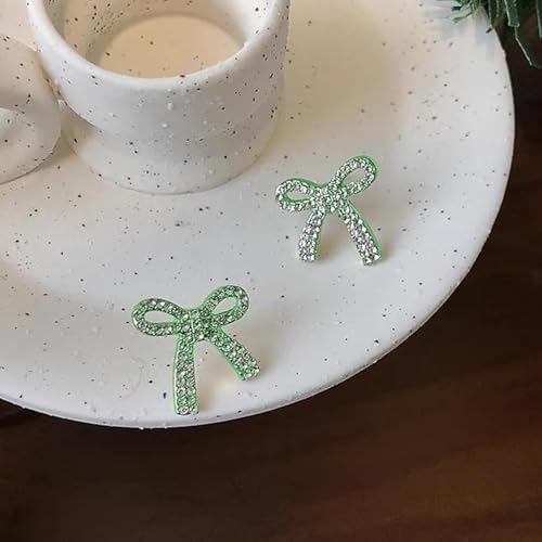 Rhinestone Bow Earrings for Women, Elegant Bridal Jewelry Statement Drop Dangle Earrings, Wedding Guest Dress Matching Accessories, Bridesmaid Gift, Sparkling Party Costume Outfit - color: A7:Green Bow Stud Earrings