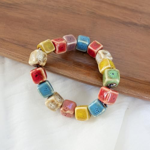 Handmade Multi-Color Faceted Ceramic Beads Bracelet for Women, Boho Stretch Bracelet with Oval Colorful Glazed Beads, Adjustable Bohemian Jewelry Gift for Mom Wife - color: Colorful (1cm Cube)