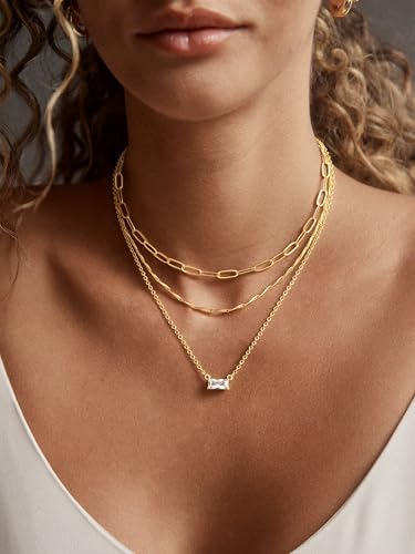 BERISO 14K Gold Plated Layered Necklace for Women, 3 Layer Dainty Gold Necklace with Minimalist Pendant, Elegant Everyday Gold Jewelry Gift - style: layered necklace-E