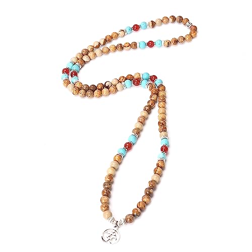 108 Mala Beads Necklace 7 Chakra Buddhist Prayer Beaded Bracelet Tree of Life Pendant Stone Yoga Necklace - color: Picture Jasper