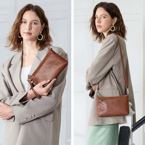 befen Genuine Leather Wristlet Clutch Wallet Purses with RFID Blocking, Small Crossbody Bags Shoulder Handbag for Women - color: Cognac Brown