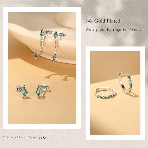 GEORGE · SMITH Stackable Kite Stud Earrings Set for Women, Gold & Silver Huggie Birthstone Jewelry with Emerald Green & Blue Sapphire, Trendy Earrings for Women 2025 - color: green and silver kite stud
