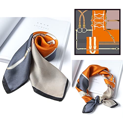 ANDANTINO 100% Mulberry Silk Scarf -21” Square Neckerchief with Gift Packed - color: Belts-orange-grayish Blue