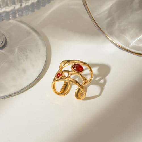 Boho Red Heart Gold Band Rings Pearl Ring, Dainty Adjustable Statement Rings, Open Wrap Stackable Finger Ring Gold Fashion Jewelry Gifts for Women - color: Gold Hollow Ring - Ruby