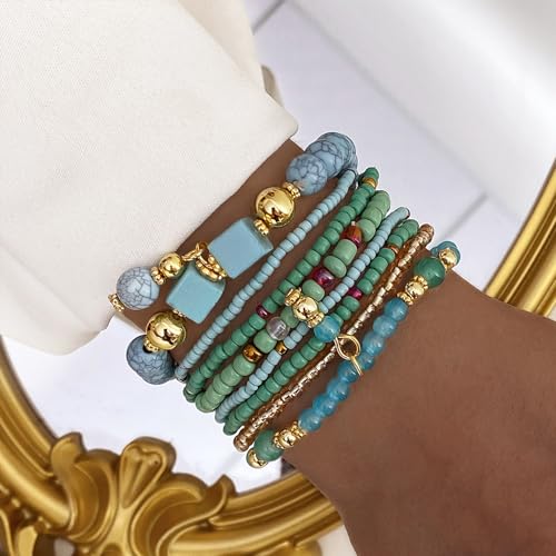 IFKM 8PCS Beaded Bracelets for Women, Multilayered Stackable Strand Stretch Bead Bracelet Pack Handmade Trendy Bohemian Charm Jewelry - color: Blue