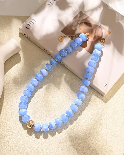 Chunky Beaded Statement Necklace for Women Trendy Colorful Boho Resin Bead Choker Necklaces Summer Handmade Jewelry Gifts Accessories - color: Gold-blue 1