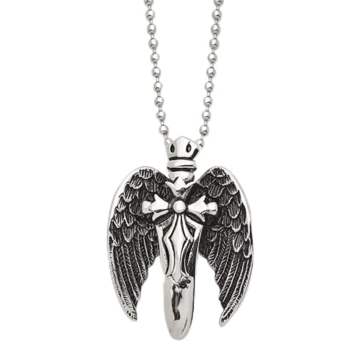 Solid Stainless Steel Polished w/Brushed Back Antiqued Winged Sword Necklace