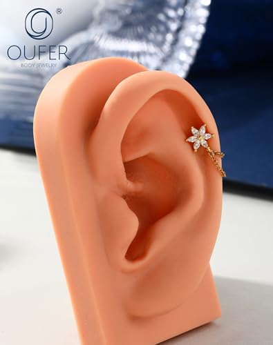 OUFER 16G Chain Cartilage Piercing Jewelry-316L Surgical Steel Gold Flat Back Push Pin Helix Earring, Star Clear CZ Double Chain Lobe Piercing Jewelry - style: Flower-Gold