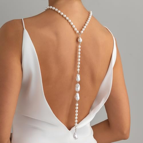 Rhinestone Back Chain Necklace for Women Bridal Wedding Sexy Rhinestone Backdrop Chain Waist Belly Chains Trendy Body Chains Jewelry - style: Big Pearl