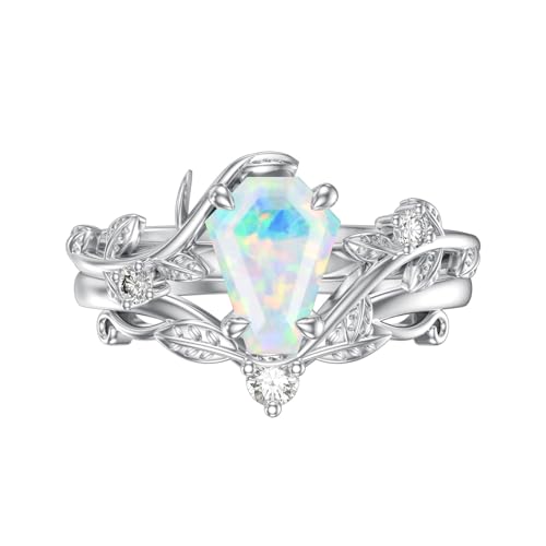 Natural Moss Agate Ring for Women 925 Sterling Silver Pear/Oval/Kite/Heart/Hexagon/Emerald/Coffin Cut Green Leaf Moss Agate Engagement Ring Promise Bridal Set Anniversary Birthday Jewelry Gifts - color: Coffin Cut Opal