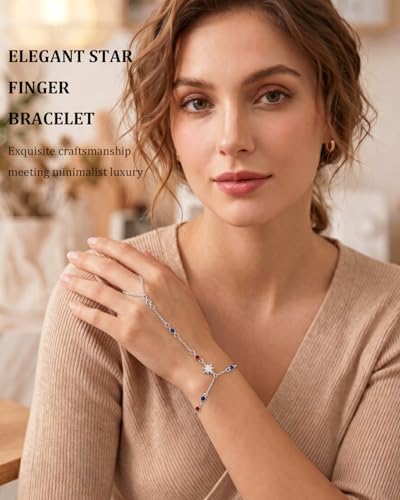 Silver Gold Ring Hand Chain Bracelet for Women non Tarnish Star Dainty Bracelets Hand Chain Ring Stackable Chains Bracelet - color: red&blue