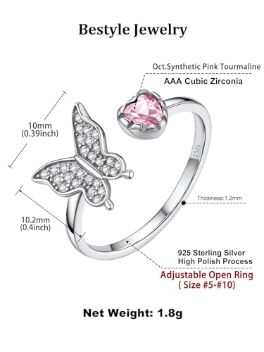 Bestyle 925 Sterling Silver Butterfly Ring Hypoallergnic Adjustable Birthstone Rings for Women Butterfly Jewelry Gifts for Anniversary Mothers' Day Birthday - color: 10.October (Pink Tourmaline)