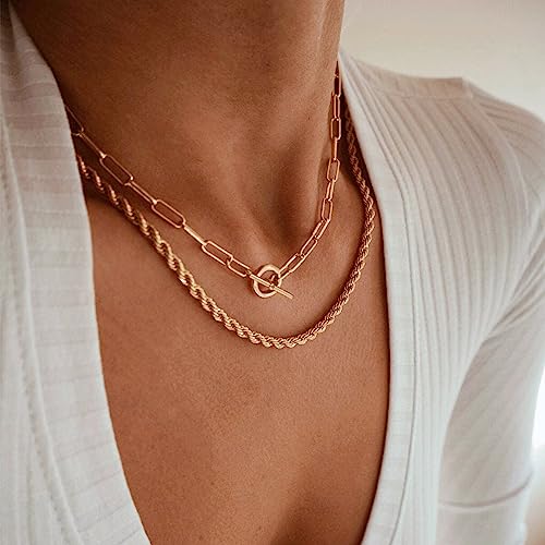 CHESKY Layered Necklaces for Women, 14K Gold Plated Chain Necklace Women Trendy Cuban Link Paperclip Chain Toggle Clasp Necklace Fashion Chunky Jewelry for Women - style: Paperclip Rope-GD