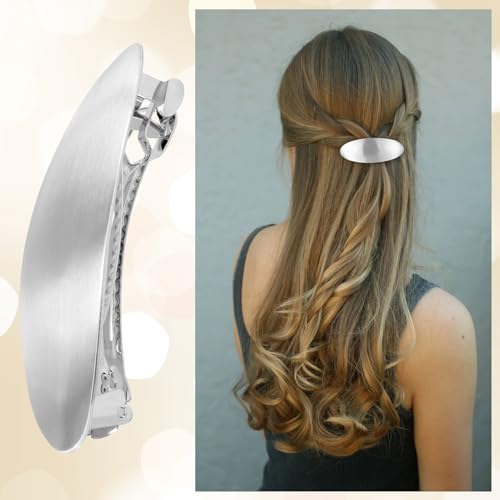 HINZIC 3inch Oval Hair Barrette Metal Large Hair Clip Vintage Silver French Wedding Prom Formal Hair Accessories for Women Long Thick Hair - color: Silver