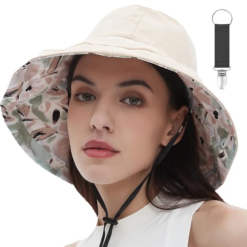 vidsel Womens Sun Hats Wide Brim Reversible Bucket Cotton Hat Packable Summer Travel Cap with Hat Clip,UV Protection - color: Beige, size: Medium