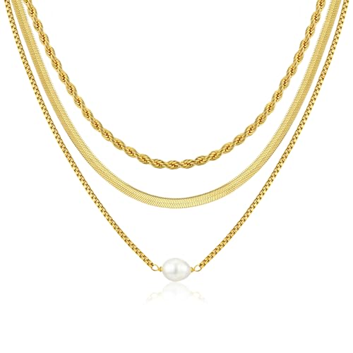 BERISO 14K Gold Plated Layered Necklace for Women, 3 Layer Dainty Gold Necklace with Minimalist Pendant, Elegant Everyday Gold Jewelry Gift - style: layered necklace-D