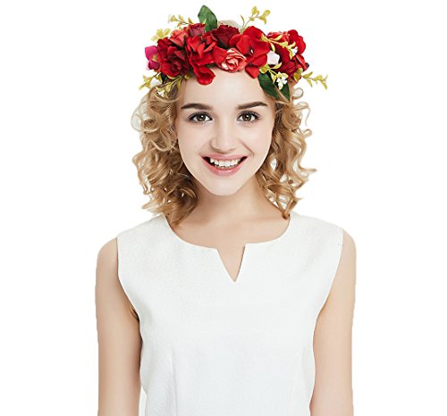 Vivivalue Rose Flower Crown Boho Flower Headband Hair Wreath Floral Headpiece Halo with Ribbon Wedding Party Festival Photos Red - color: 96
