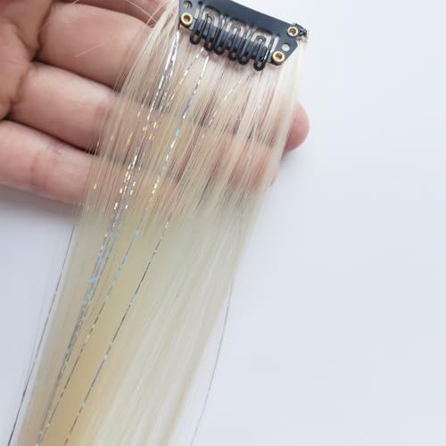 12pcs Clip in Blonde Hair Extensions, 22 Inch Colored Hair Extensions with Rainbow Tinsels, Holiday Party Highlights - color: Blonde