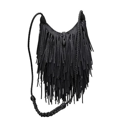 Tassel Shoulder Bag Vintage & Stylish Women PU Leather Bohemian Fringed Crossbody Shoulder Hobo Fringe bag - color: Black-7.5x6.7in