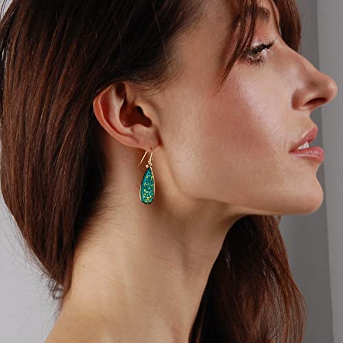 Teardrop Dangle Earrings for Women with Simulated Druzy Stones, in Gold or Rose Gold Tone - color: Gold - Blue Green Stone