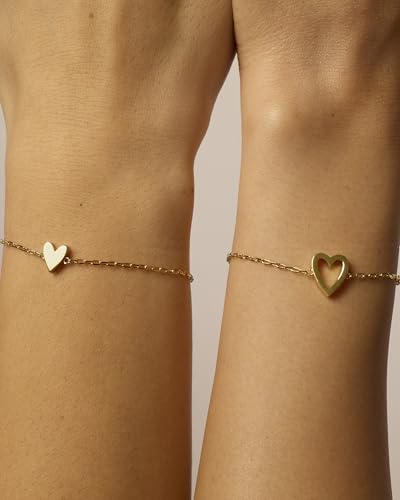 PAVOI 14K Gold Plated Matching Heart Charms Solitaire Bracelet Set for Women | Adjustable Valentines Day Love Friendship Two Bracelet Pack - style: 2-Piece Set