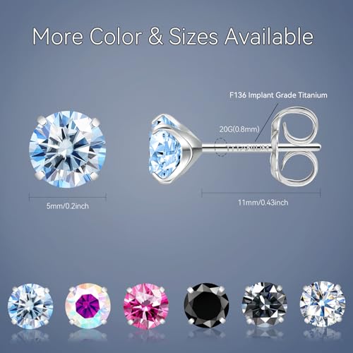 Moissanite Stud Earrings, G23 Hypoallergenic Titanium Stud Earrings for Women Men, Round Cut D Color VVS1 Clarity 18K White Gold Palted Multicolor Moissanite Jewelry, 0.6CT-3.0CT - color: Blue, size: (0.5ct*2)-5mm-1.0 Carat