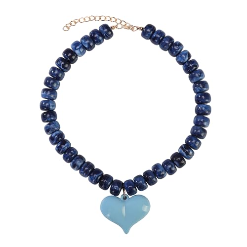 Chunky Colorful Beaded Statement Boho Summer Beach Chokers Necklace Heart Pendant Pink Green Yellow Brown Fashion Jewelry - color: Navy Blue puffy heart