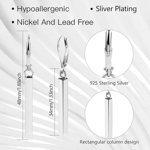 Silver Bar Dangle Drop Earrings for Women, 14K Gold French Style Leverback Dangle Drop Earrings, Hypoallergenic Jewelry - color: Silver
