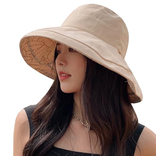 HUAMULAN Women Summer Sun Hat Wide Brim Wired Edge Floral Beach Bucket Hats Reversible Foldable Travel UV Protection Lady Hat - color: Beige