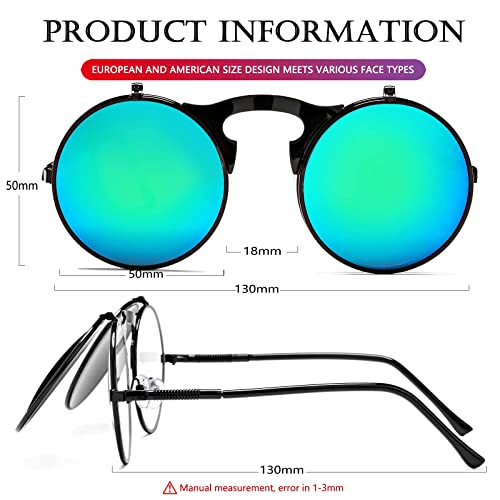 AIEYEZO Round Flip Up Sunglasses for Men and Women Rave Flip Glasses 90's Retro Steampunk Style - color: Black/Green Mirror
