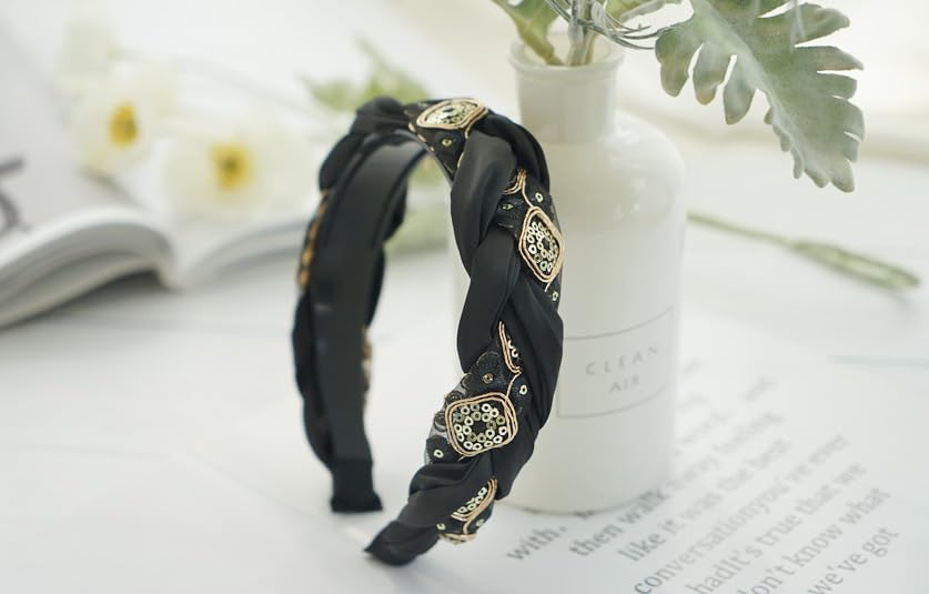 Braided Headband for Women-Vintage Fabric High Crown Headband with Non-Slip Teeth, Cute Boho Knotted Hair Band for Women & Teens (30-Black, One Size) - color: 30-Black