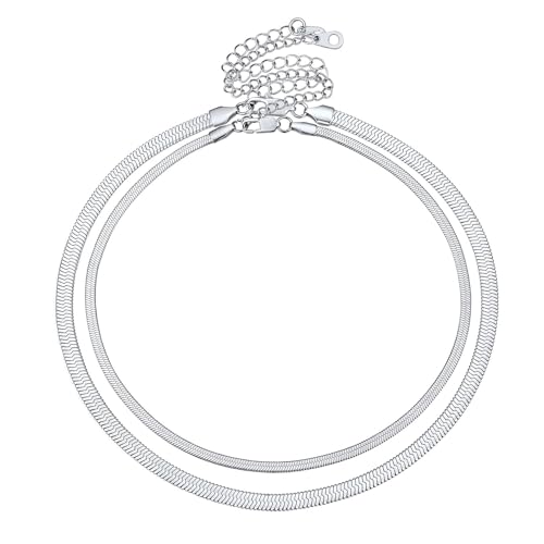 FOCALOOK 14K Gold Plated Necklaces for Women, Fashion Herringbone Choker Necklace Stainless Steel Flat Snake Chain 3/5MM(W) 12.5"/15"/18"+3.5"(L) - color: 5MM-15"&3MM-12.5" Layered-Silver
