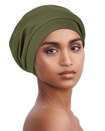 Satin Lined Beanie for Natural Hair Thin Beanie Hats for Girls Head Cover - color: Olive Green