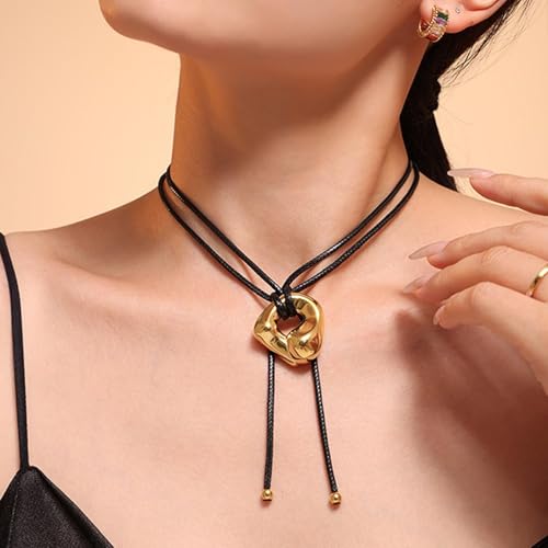 Black Cord Necklace with Gold Circle Pendant Chunky Leather Cord Necklace Large Round Pendant Statement Necklace Long Boho Jewelry Western Outfit for Women - color: B4