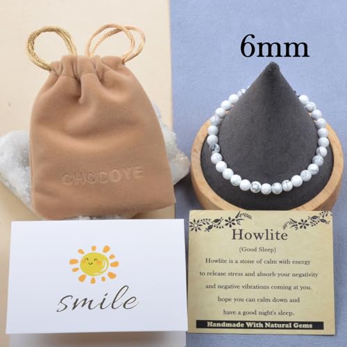 468Handmade Adjustable Natural Gemstone Crystal Bracelet Healing Power Energy Inspirational Gifts with Card for Unisex - color: 02-Howlite(Good Sleep), size: 6mm