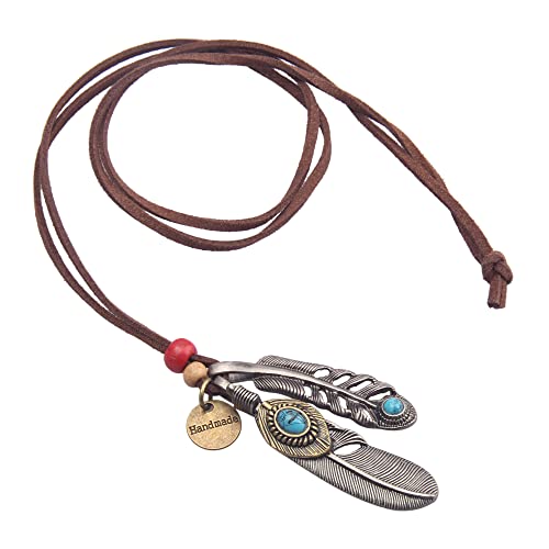 Leather Necklace for Women Long Boho Necklace Bohemian Choker Vintage Necklace Braided Boho Jewelry with Adjustable Brown Leather Cord - color: Feather Leather Necklace